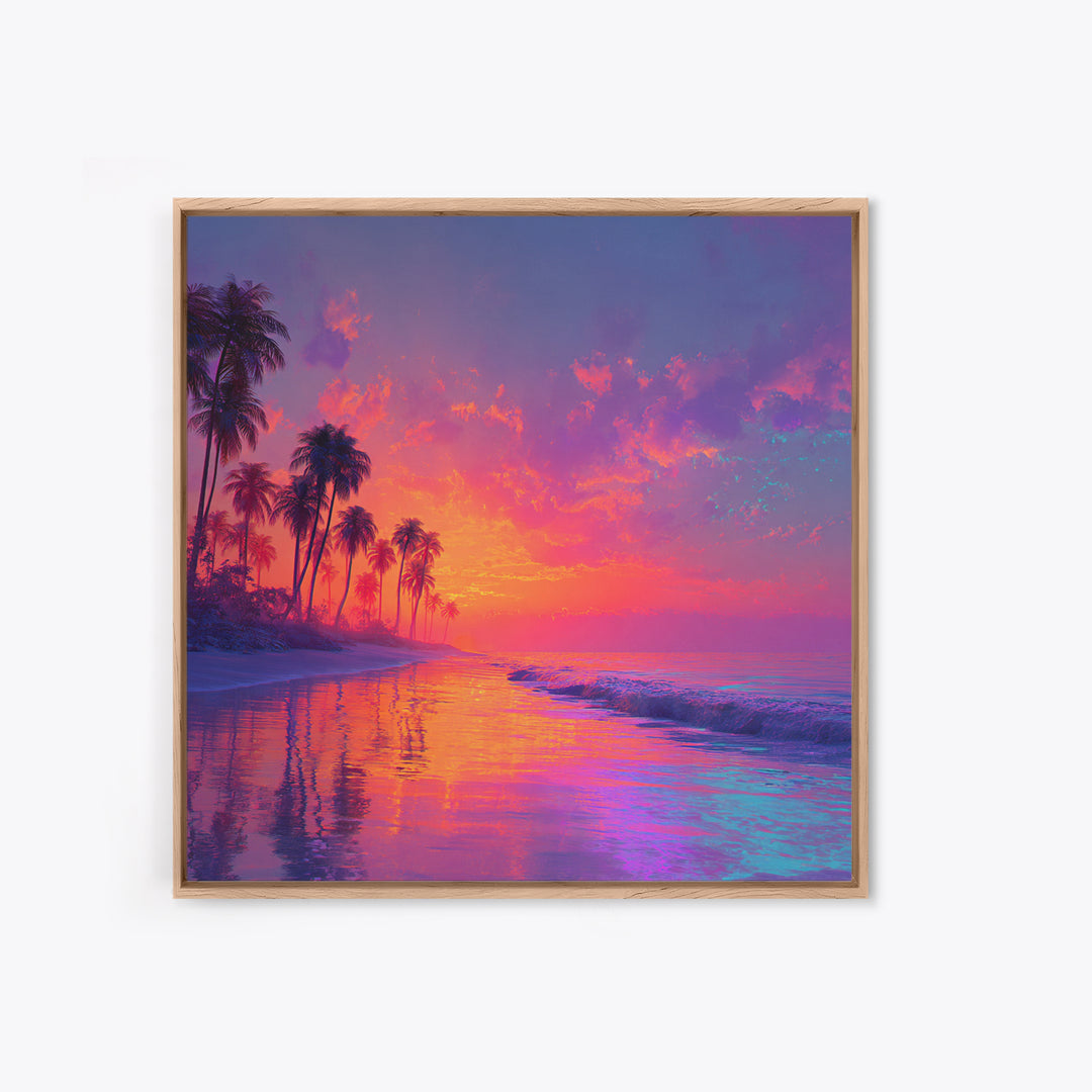 Dreamy Tropical Sunset Beach Wall Art, Colorful Coastal Ocean Canvas Print, Beach House Decor, Modern Coastal Art Print