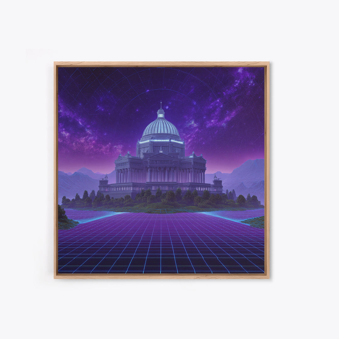Retro Futuristic Palace Under Stars Wall Art, Neon Sci Fi Cityscape Canvas Print, Cyberpunk Gaming Room Decor