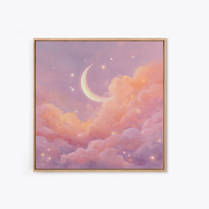 Soft Crescent Moon In Peach Clouds Canvas Print, Celestial Wall Art, Romantic Bedroom Decor, Calming Nursery Art, Cozy Wall Decor