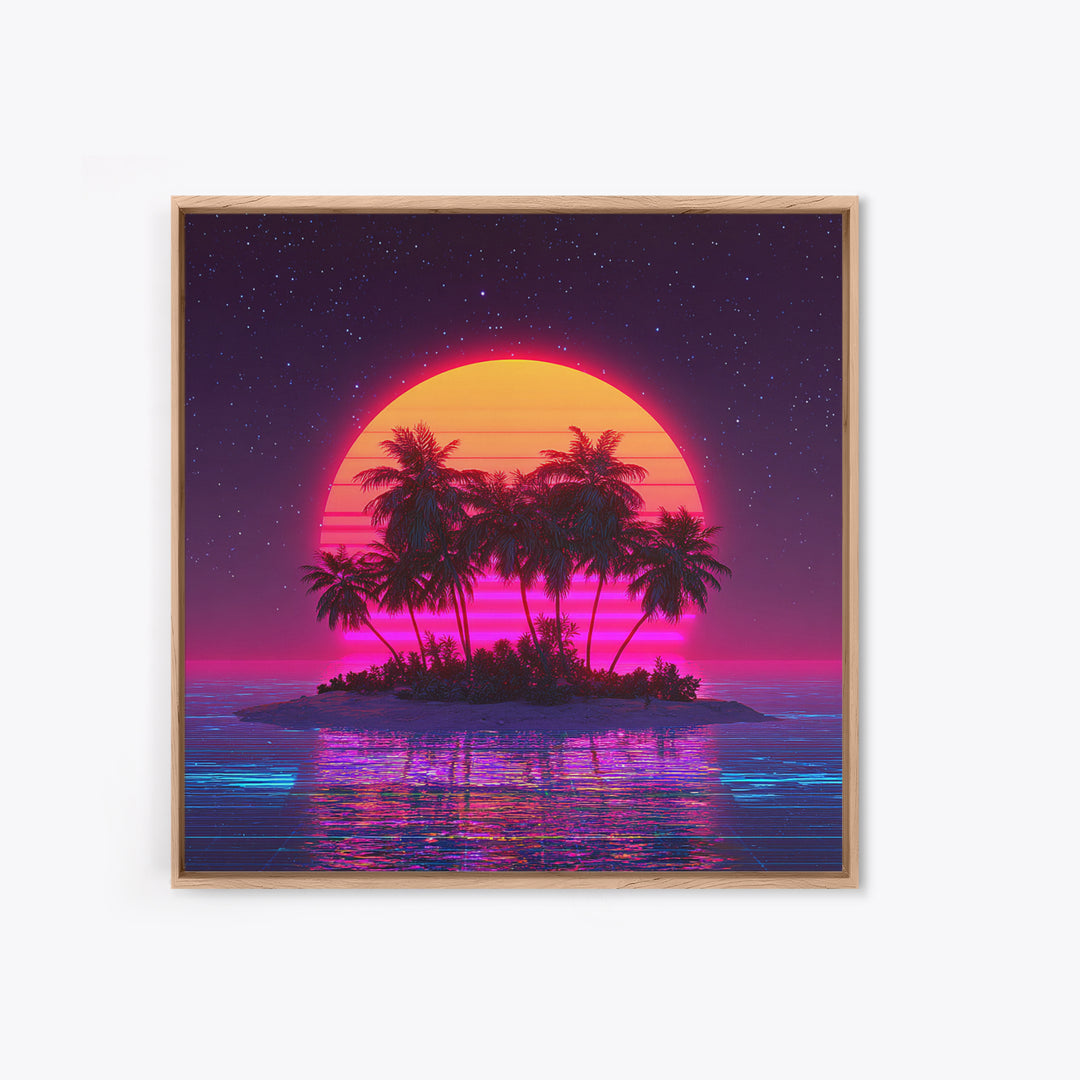 Retro Vaporwave Palm Island Wall Art, Neon Ocean Sunset Canvas Print, Aesthetic 80s Coastal Decor, Gaming Room Modern Wall Art