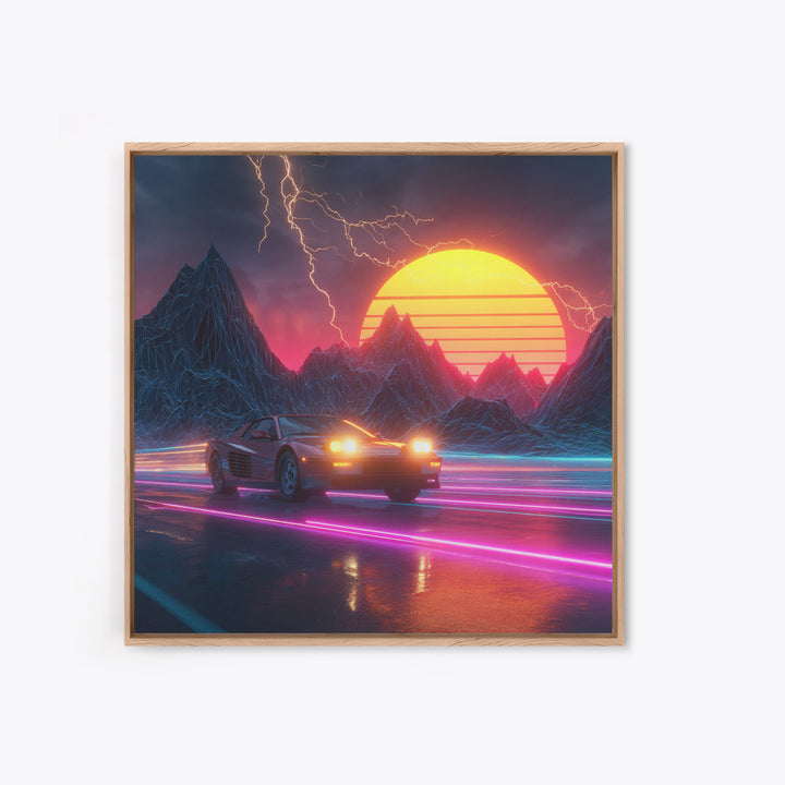 Retro Sports Car In Neon Sunset Mountains Wall Art, Cyberpunk Cityscape Canvas Print, Futuristic Gaming Room Decor