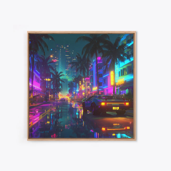 Neon Retro Futuristic City Street Wall Art, Cyberpunk Car Night Cityscape Print, Gaming Room Decor Canvas Print