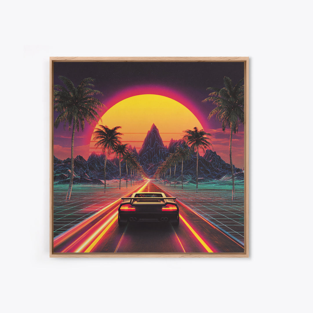 Retro Synthwave Sunset Car Wall Art Canvas Print, Neon Cityscape Art, 80s Vaporwave Decor, Gaming Room Wall Art