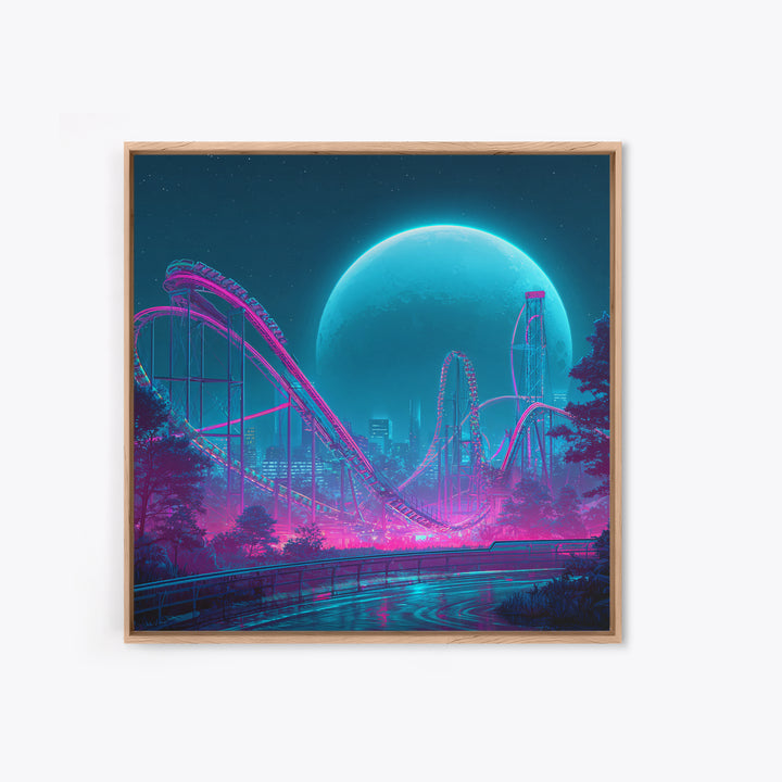 Neon Roller Coaster Under Full Moon Wall Art, Futuristic Night Amusement Park Canvas Print, Cyberpunk Gaming Decor