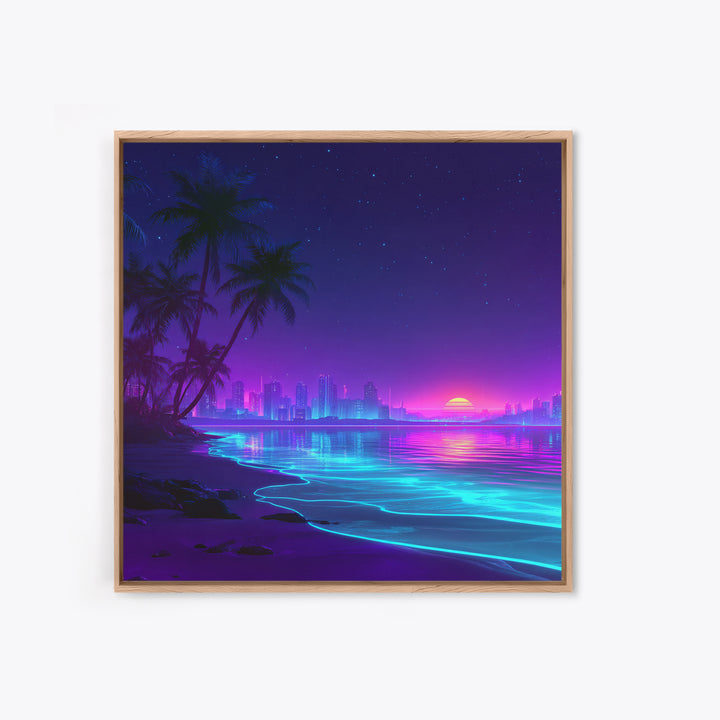 Neon City Beach Sunset Wall Art, Retro Futuristic Coastal Landscape Canvas Print, Modern Coastal Home Decor
