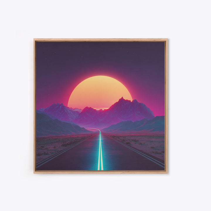 Neon Sunset Mountain Road Wall Art, Retro Futuristic Landscape Canvas Print, Cyberpunk Space Art For Gaming Room And Modern Home Decor