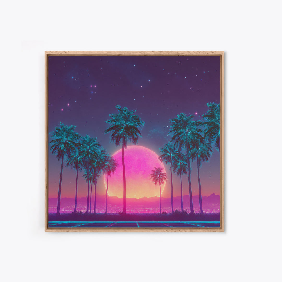 Vibrant Neon Cityscape With Palm Trees And Pink Moon Night Sky Futuristic Wall Art Framed Canvas Print For Living Room