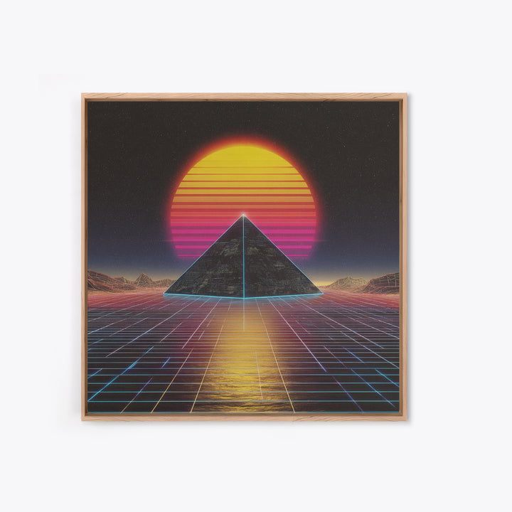 Retro Synthwave Pyramid Sunset Wall Art, Neon Grid Landscape Canvas Print, 80s Aesthetic Home Decor, Sci Fi Poster