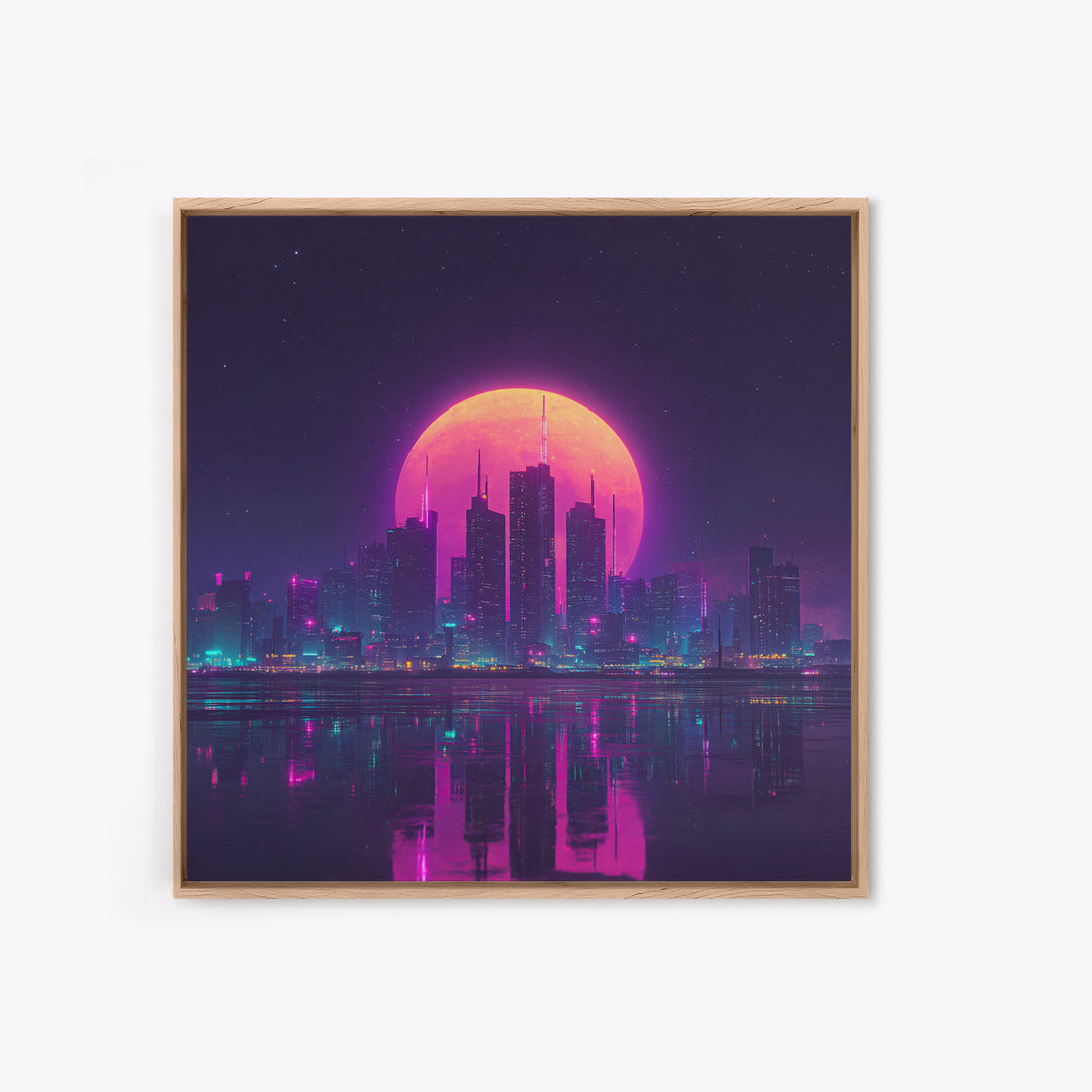 Neon Moon Over Futuristic City Skyline Wall Art, Cyberpunk Night Cityscape Print, Modern Gaming Room Canvas Print