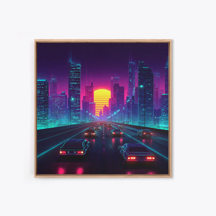 Neon Retro Highway Cityscape Wall Art, Futuristic Synthwave Sunset Canvas Print, Cyberpunk City Modern Home Decor