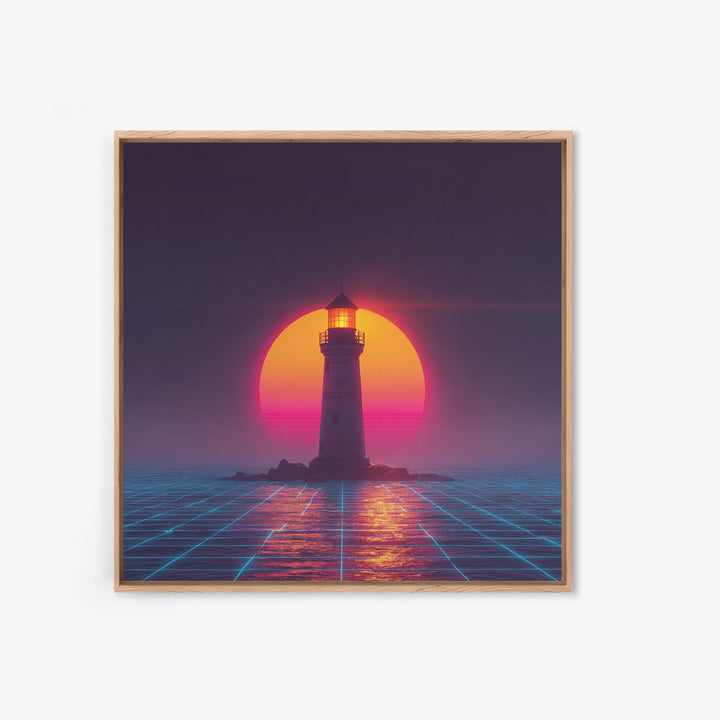 Retro Futuristic Lighthouse Neon Sunset Canvas Print, Synthwave Coastal Wall Art, Vaporwave Ocean Scene For Gaming Room Decor