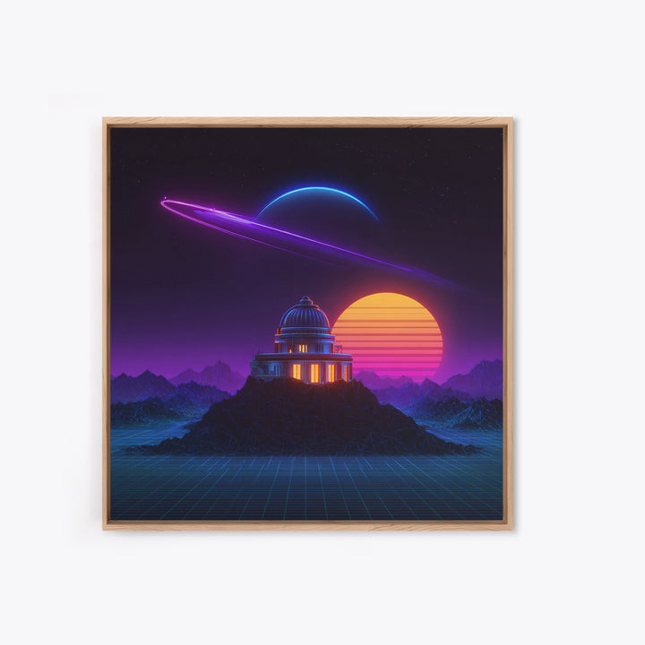 Retro Futuristic Observatory Space Landscape Wall Art, Neon Planet Sci Fi Canvas Print, Vaporwave Decor For Gaming Room