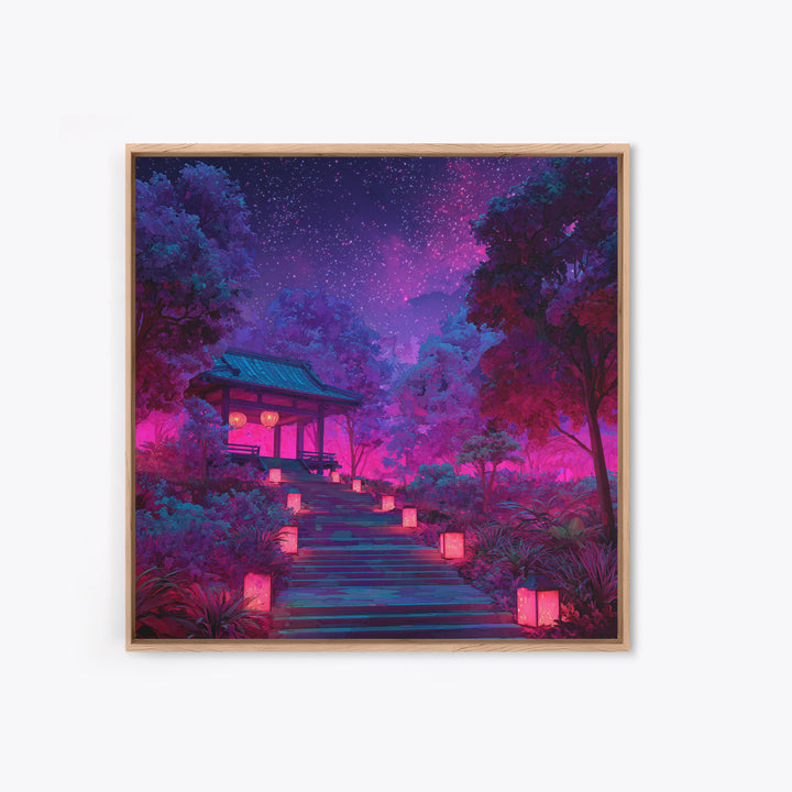 Neon Garden Lantern Path Under Starry Sky Wall Art, Dreamy Japanese Landscape Canvas Print, Aesthetic Room Decor