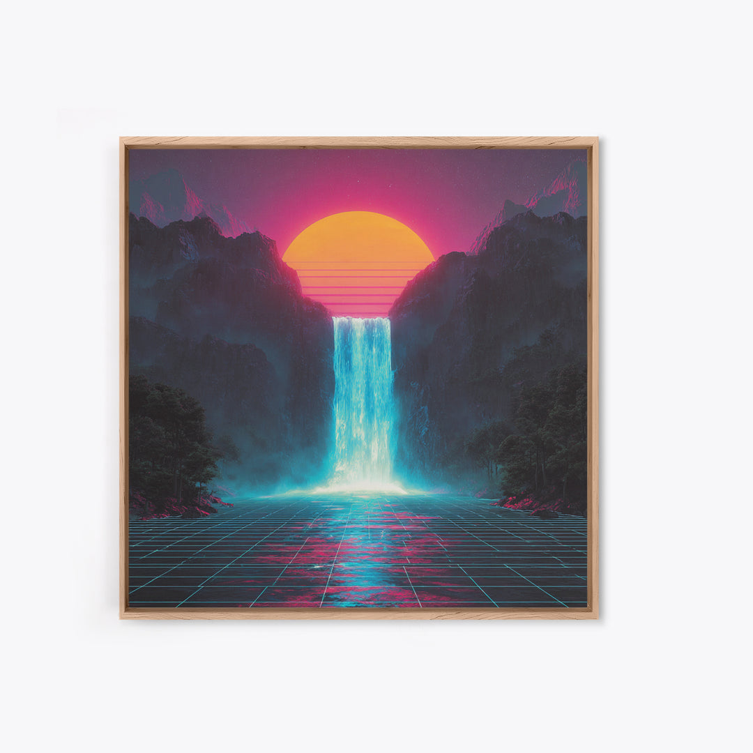 Neon Waterfall Sunset Sci Fi Landscape Wall Art Retro Futuristic Mountain Canvas Print For Gaming Room Modern Home Decor