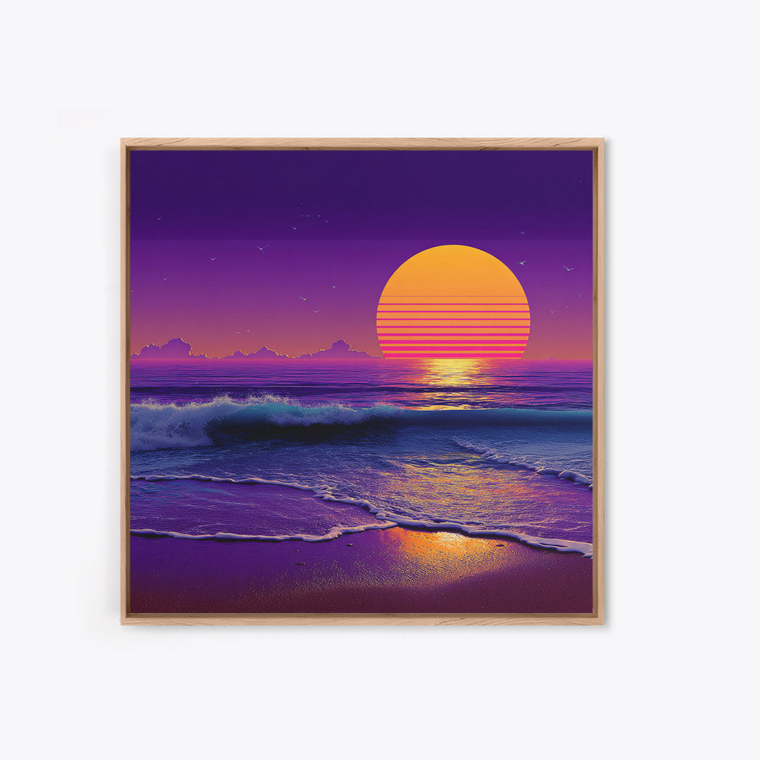 Neon Waves At Dusk Ocean Wall Art, Retro Sunset Beach Print, Vibrant Coastal Home Decor, Synthwave Seascape Living Room Wall Art