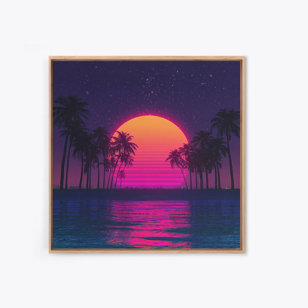 Neon Sunset Palm Tree Beach Canvas Print, Retro Wave Ocean Wall Art, Vibrant Coastal Home Decor, 80s Synthwave Bedroom Art