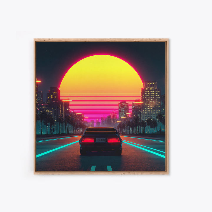 Retro Neon Car Driving Into Sunset Cityscape Wall Art Modern Abstract Framed Canvas Print Home Decor