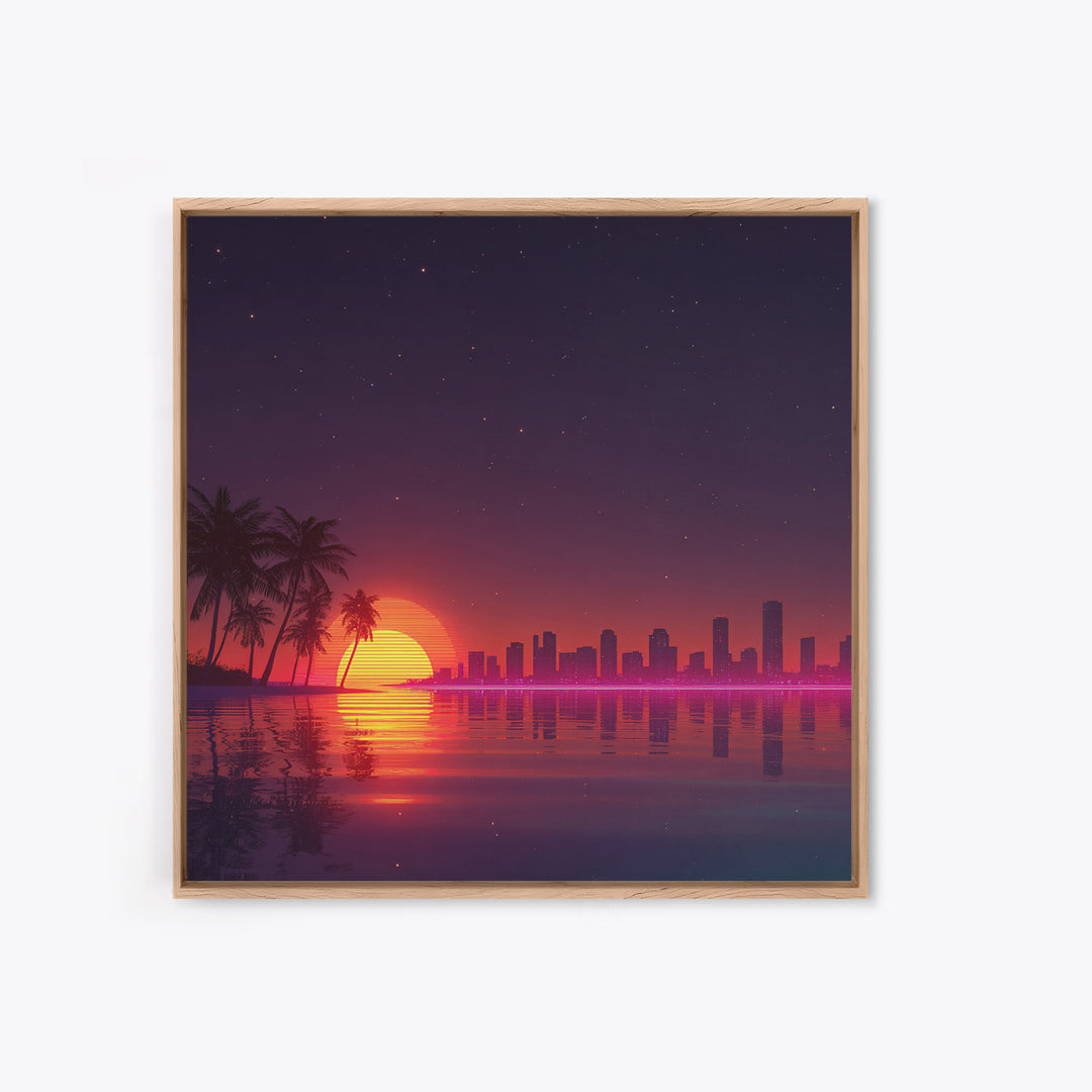 Neon City Skyline Sunset Over Water Retro Coastal Wall Art, Vibrant Nightscape Canvas Print For Modern Home Decor