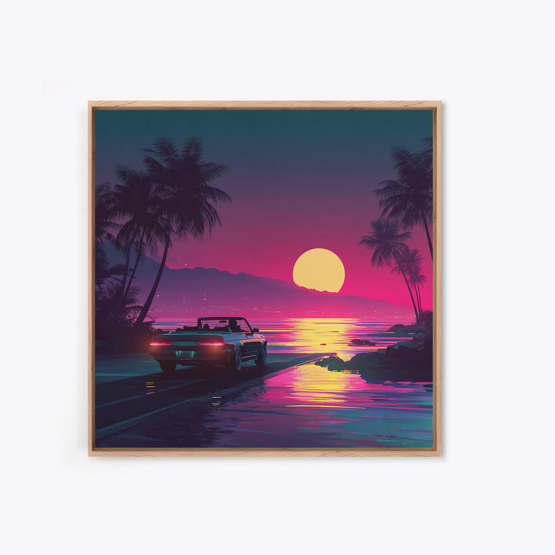 Retro Convertible Driving Into Neon Sunset Wall Art, 80s Aesthetic Beach Road Canvas Print, Vaporwave Room Decor