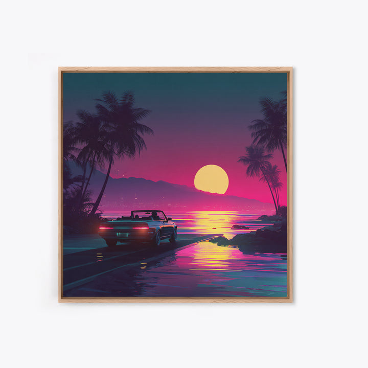 Retro Convertible Driving Into Neon Sunset Wall Art, 80s Aesthetic Beach Road Canvas Print, Vaporwave Room Decor
