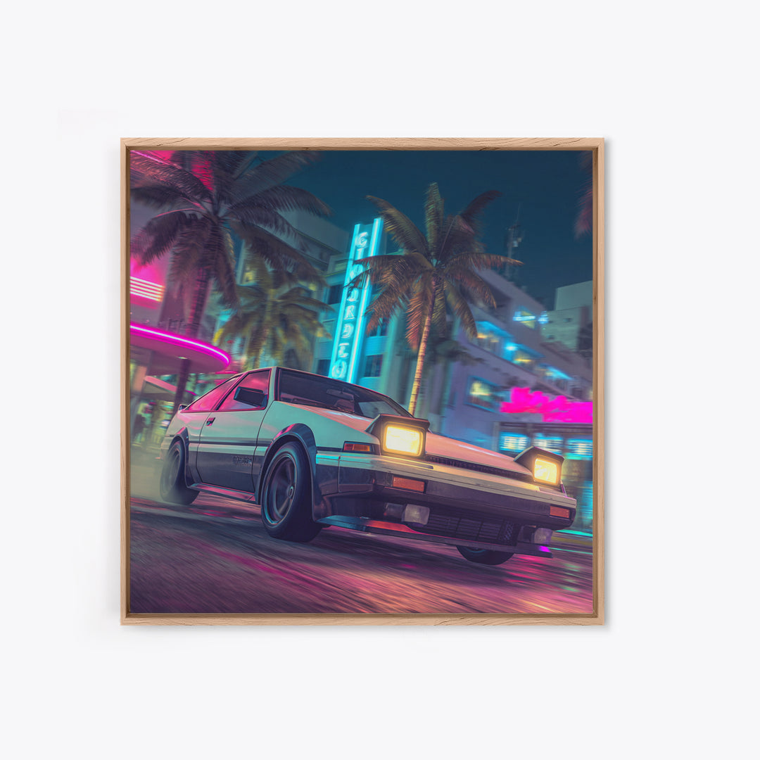 Retro Night City Car Wall Art, Neon Cyberpunk Street Canvas Print, Futuristic Cityscape Art, Gaming Room Decor Poster
