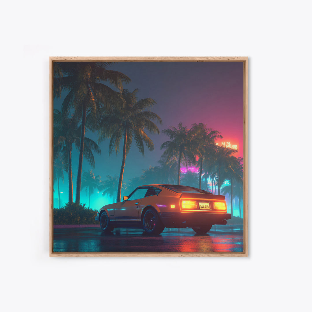 Retro Night Drive Wall Art, Neon Palm Street With Classic Car Canvas Print, Vaporwave Aesthetic Decor
