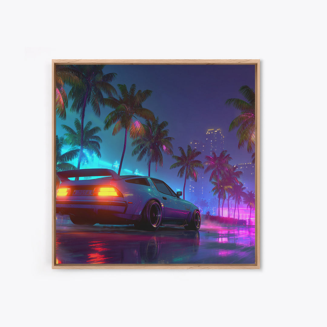 Neon Sports Car Palm Tree Night Wall Art, Retro Coastal City Canvas Print, Cyberpunk Beach Aesthetic Room Decor