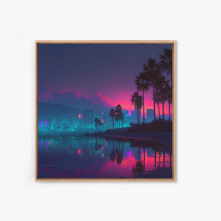 Neon City Beach Sunset Canvas Print, Retro Futuristic Coastal Wall Art, Vaporwave Room Decor Modern Living Room Wall Art