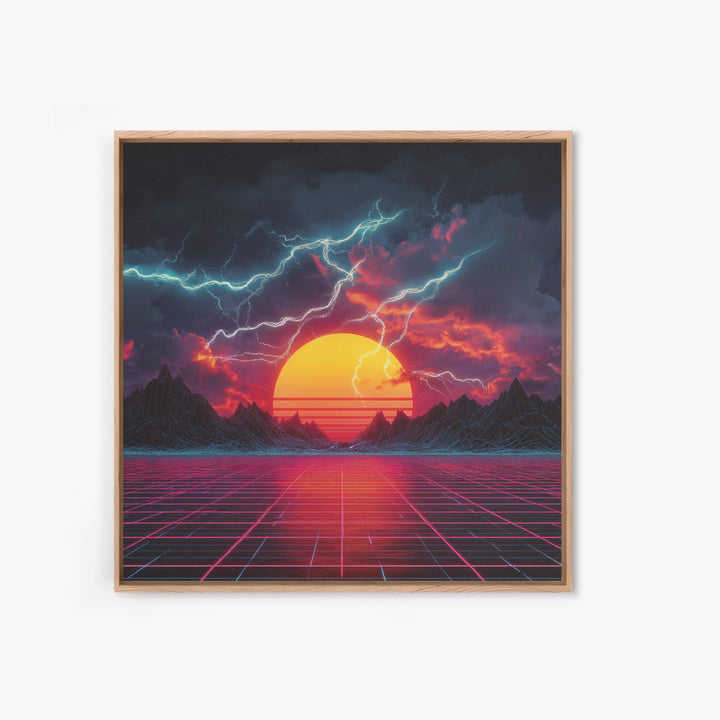 Retro Futuristic Sunset Lightning Landscape Wall Art Neon Grid Sci Fi Canvas Print Gaming Room Decor