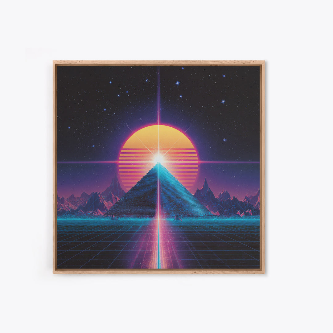 Retro Synthwave Pyramid And Sun Wall Art, Neon 80s Sci Fi Landscape, Vaporwave Gaming Room Decor, Framed Canvas Print