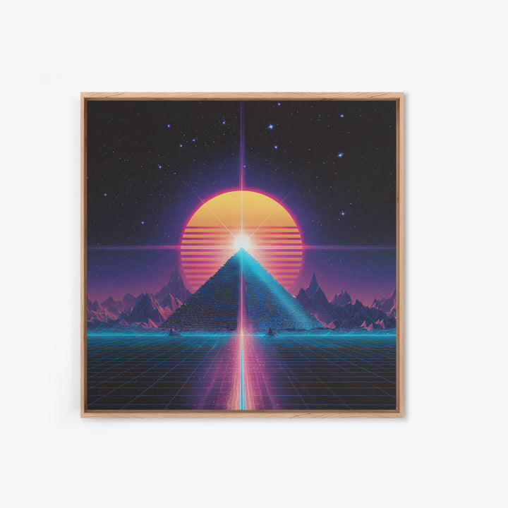 Retro Synthwave Pyramid And Sun Wall Art, Neon 80s Sci Fi Landscape, Vaporwave Gaming Room Decor, Framed Canvas Print