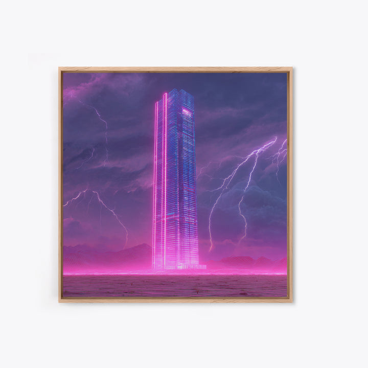 Neon Skyscraper In Storm Futuristic Wall Art, Cyberpunk Cityscape Painting, Sci Fi Modern Art Print, Gaming Room Canvas Print