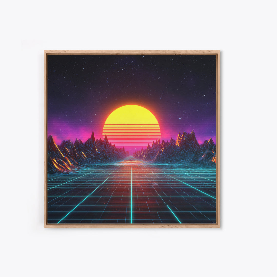 Retro Synthwave Sunset Landscape Canvas Print, Neon Cyberpunk Mountain Road Art, Gaming Room Decor Modern Wall Art