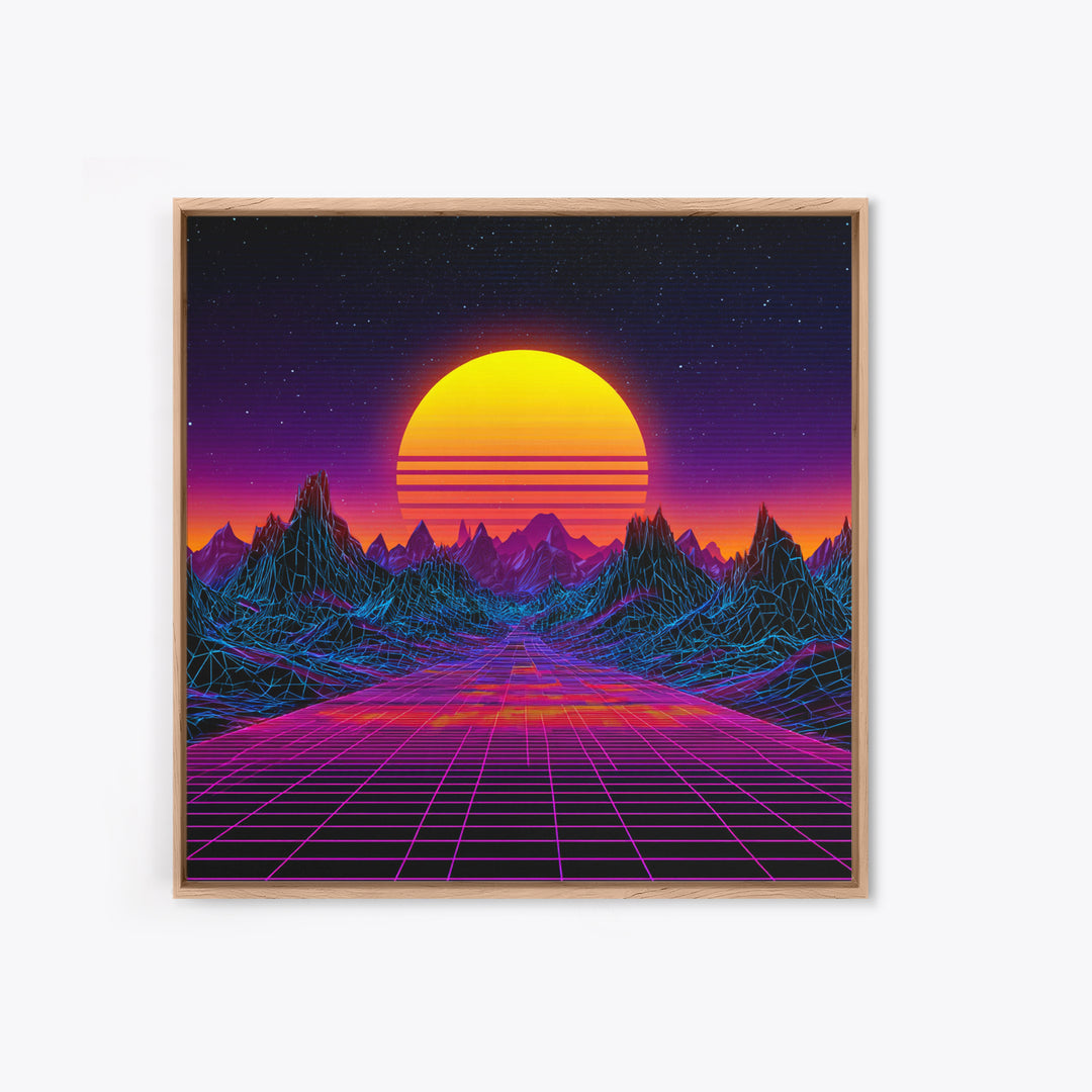 Retro Futuristic Neon Sunset Landscape Wall Art, Synthwave Mountains, 80s Vaporwave Canvas Print Home Decor