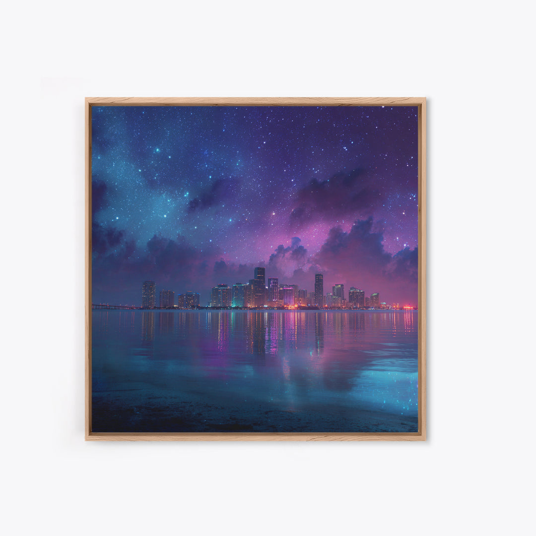 Neon City Skyline Under Starry Night Wall Art, Futuristic Coastal Canvas Print, Modern Apartment Decor
