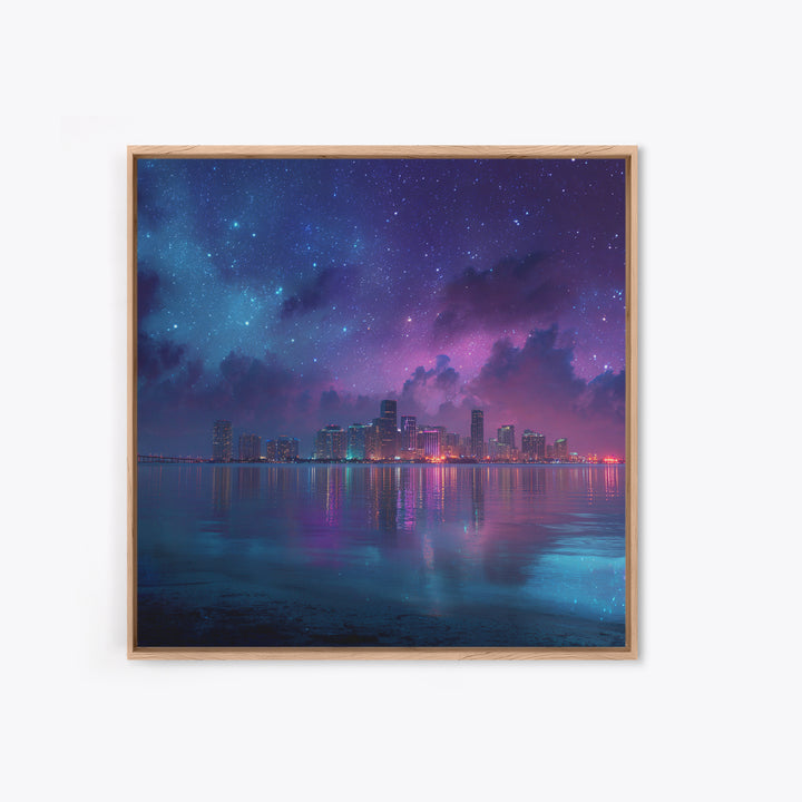 Neon City Skyline Under Starry Night Wall Art, Futuristic Coastal Canvas Print, Modern Apartment Decor