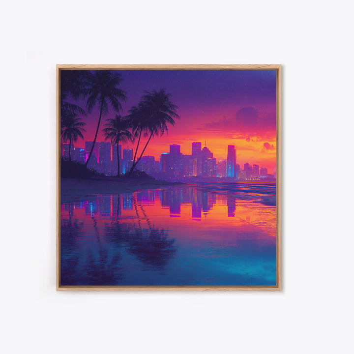 Neon Tropical City Sunset Beach Wall Art, Vibrant Coastal Canvas Print For Modern Living Room Decor And Dorm Aesthetic