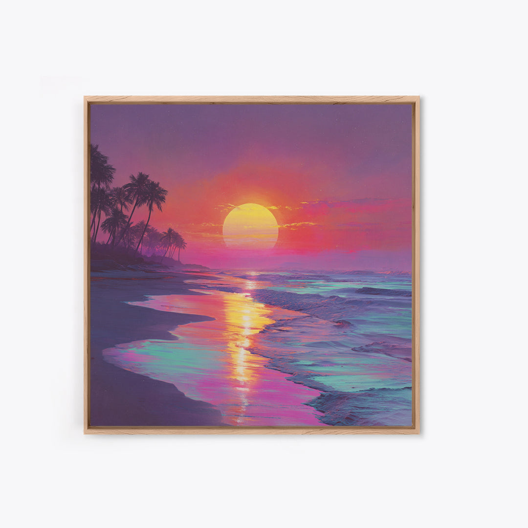 Neon Sunset Beach With Palm Trees Wall Art, Vibrant Coastal Ocean Art Print, Modern Home Decor Living Room Wall Art