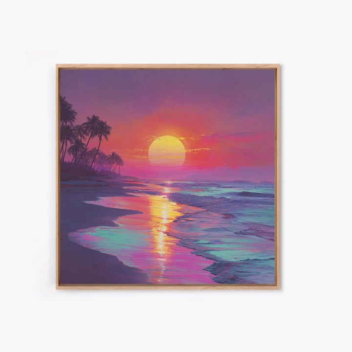 Neon Sunset Beach With Palm Trees Wall Art, Vibrant Coastal Ocean Art Print, Modern Home Decor Living Room Wall Art