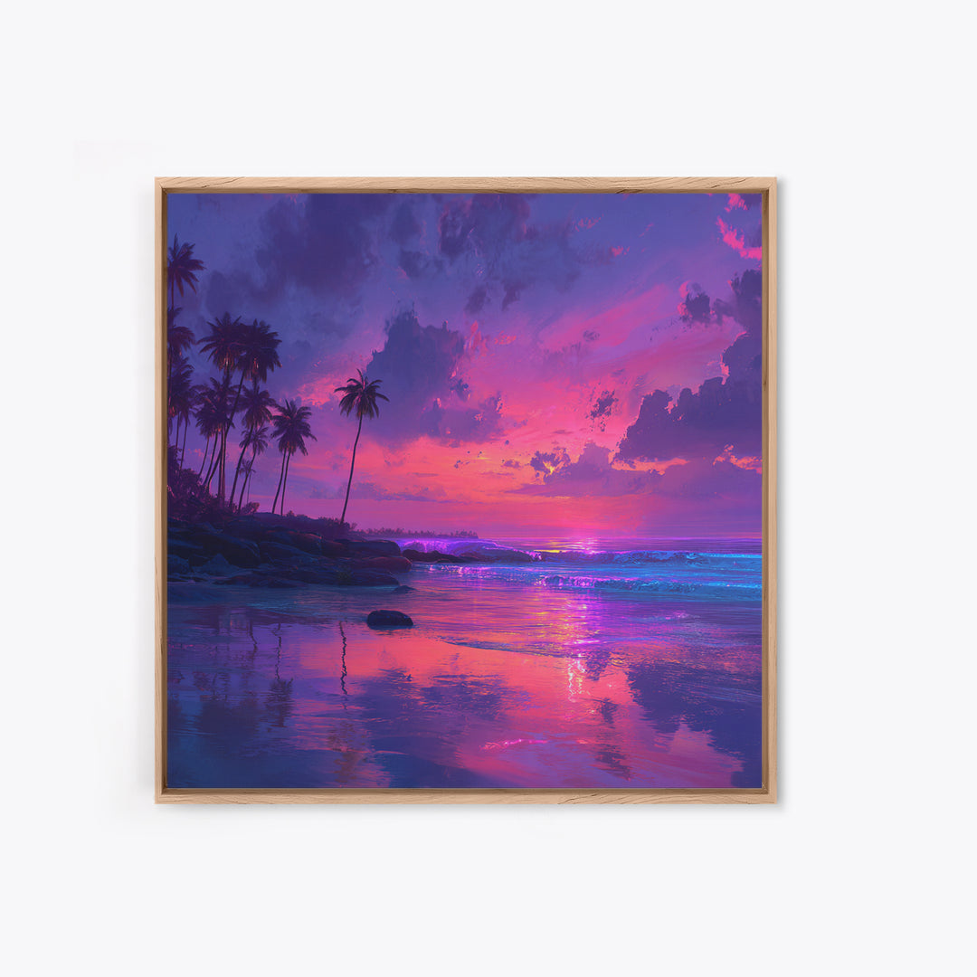 Vibrant Pink And Purple Tropical Seascape Wall Art, Palm Tree Sunset Ocean Landscape Canvas Print Decor