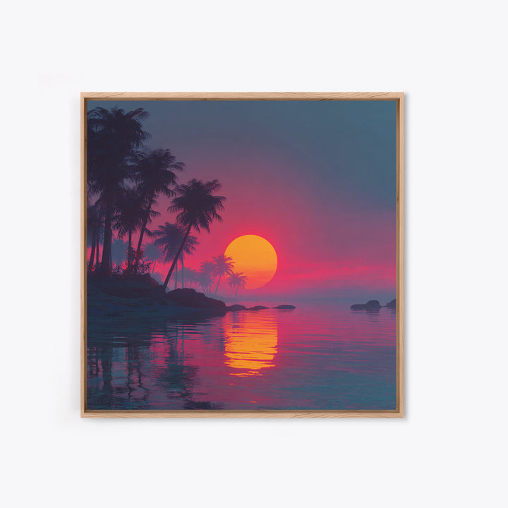 Pink And Teal Tropical Sunset Wall Art, Dreamy Coastal Landscape Canvas Print, Beach House Decor, Modern Ocean Painting