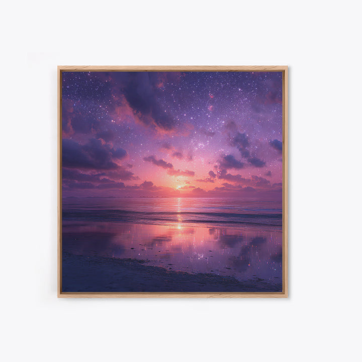 Dreamy Starlit Ocean Sunset Wall Art, Purple Night Sky Seascape Canvas Print, Calming Coastal Decor, Bedroom Artwork