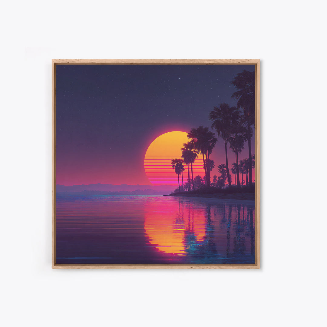 Neon Palm Tree Sunset Over Tropical Beach Wall Art, Retro Coastal Home Decor, Modern Landscape Art Print, Living Room Decor