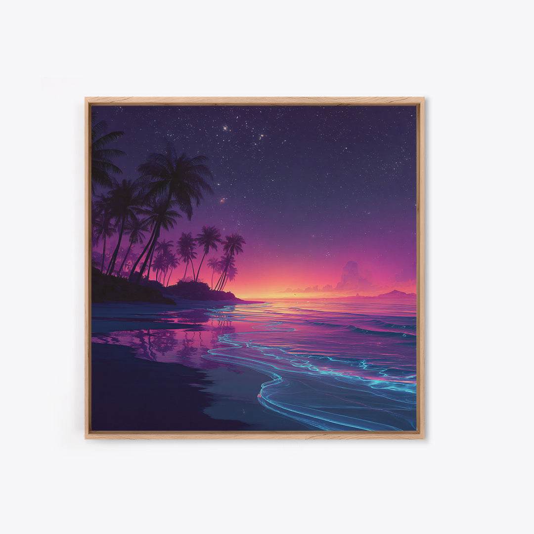 Neon Night Beach With Palm Trees Canvas Print, Dreamy Coastal Ocean Wall Art, Retro Tropical Bedroom And Living Room Decor