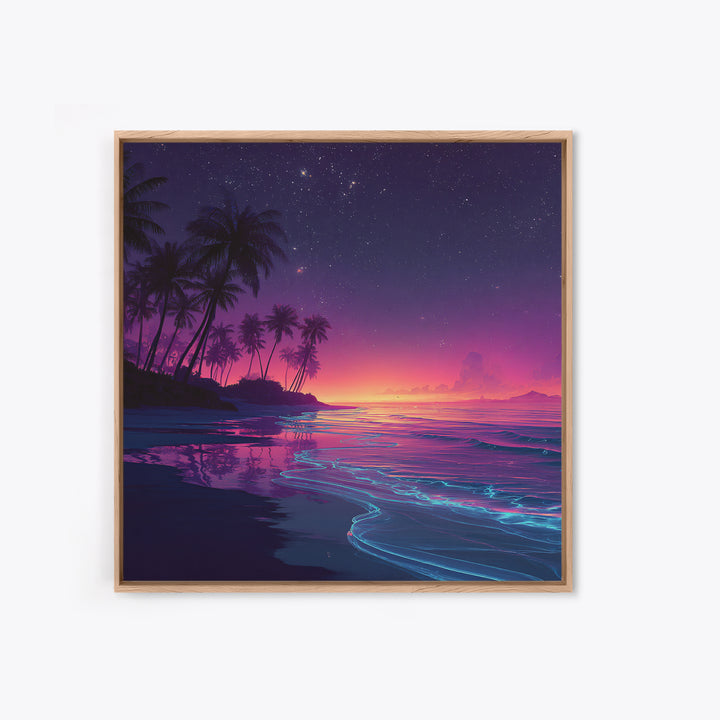 Neon Night Beach With Palm Trees Canvas Print, Dreamy Coastal Ocean Wall Art, Retro Tropical Bedroom And Living Room Decor