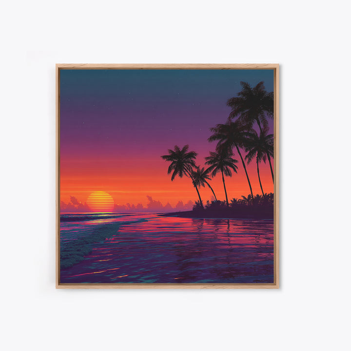 Neon Tropical Sunset Beach With Palm Trees Canvas Print, Coastal Wall Art, Colorful Ocean Art, Modern Home Decor Living Room