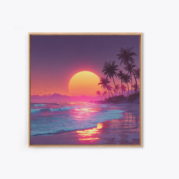 Pink Neon Beach Sunset Wall Art, Dreamy Vaporwave Ocean Canvas Print, Retro Coastal Landscape Art For Bedroom Or Living Room Decor