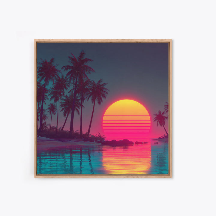 Neon Tropical Palm Trees And Retro Sunset Beach Wall Art, Vaporwave Coastal Canvas Print, Aesthetic Room Decor