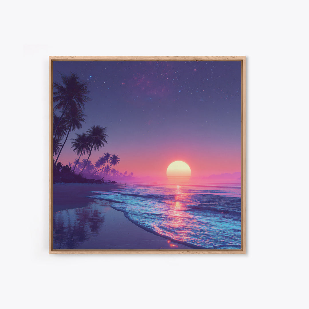Tropical Neon Sunset Beach Wall Art, Palm Tree Coastal Landscape Print, Colorful Summer Home Decor Canvas Print