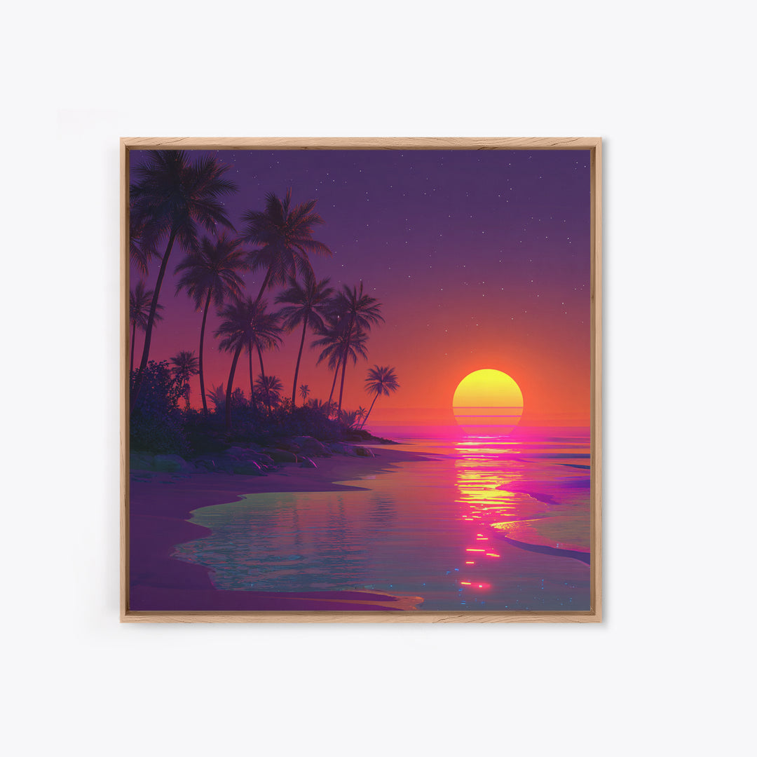 Neon Tropical Sunset Beach Wall Art, Retro Coastal Canvas Print, Summer Ocean Decor, Vibrant Modern Coastal Wall Art